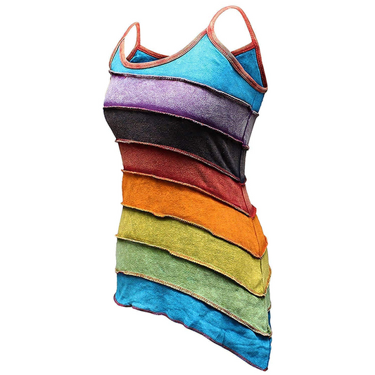 Women Stonewashed Rainbow Striped Cotton Hippie Boho Tank Top