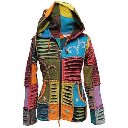 Women's Stonewashed Embroidered Nepalese Hand Made Pixie Cotton Hooded Jacket