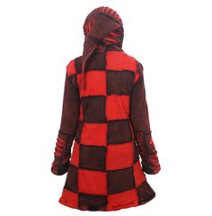 Women's Red Floral and Razor Cut Acid Wash Long Coat