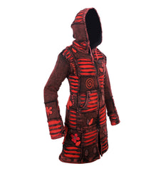 Women's Red Floral and Razor Cut Acid Wash Long Coat