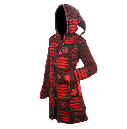 Women's Red Floral and Razor Cut Acid Wash Long Coat