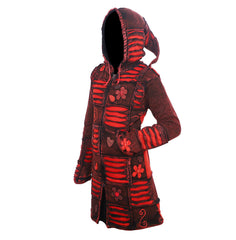 Women's Red Floral and Razor Cut Acid Wash Long Coat