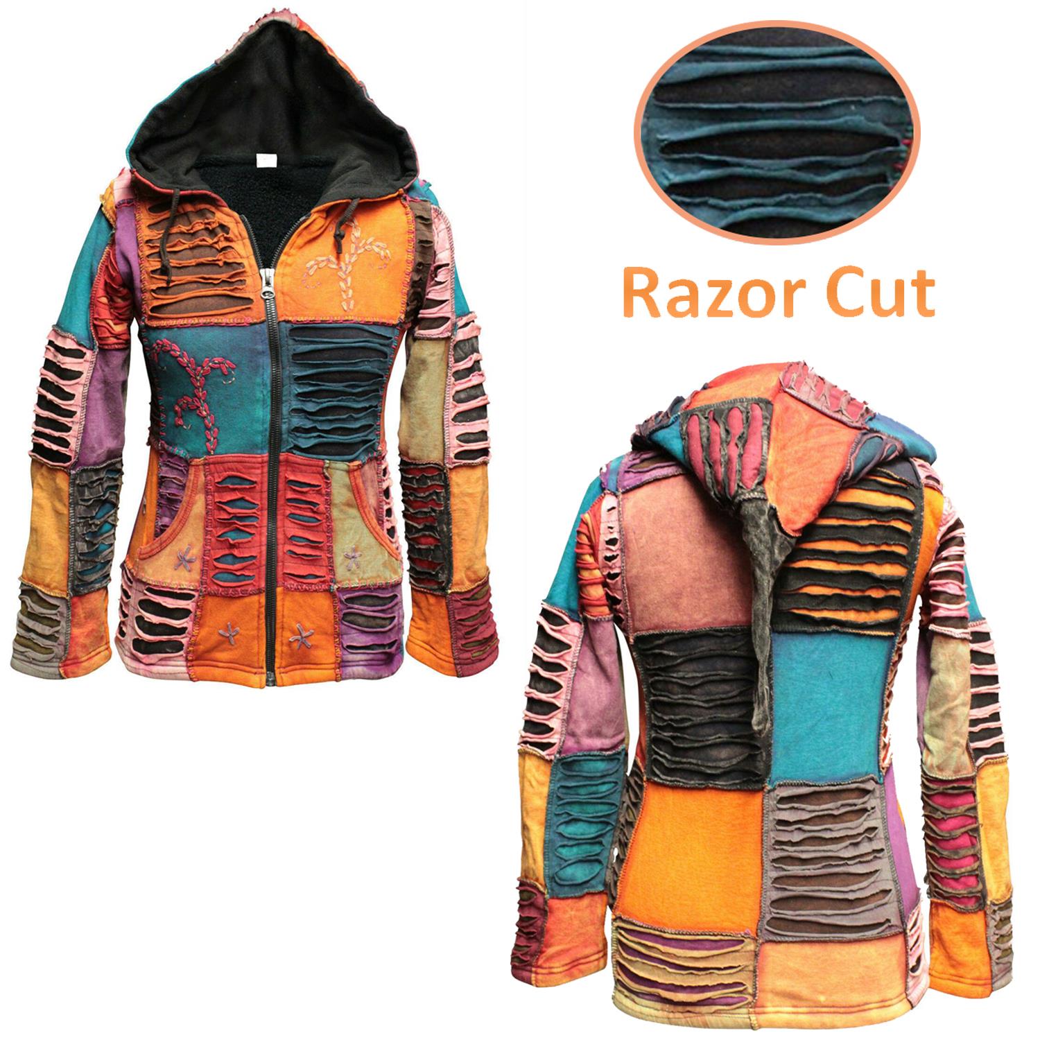 Our lightweight, comfortable and 100% cotton & fleece jackets are the perfect addition to your wardrobe. This pixie hooded jacket is hip length and zips up with two side pockets. These jackets feature floral embroidery with sections of razor cut patches. They feature a full front zip with long pointed hood, drawstring at waist and hem and they have two deep front pockets.