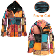 Our lightweight, comfortable and 100% cotton & fleece jackets are the perfect addition to your wardrobe. This pixie hooded jacket is hip length and zips up with two side pockets. These jackets feature floral embroidery with sections of razor cut patches. They feature a full front zip with long pointed hood, drawstring at waist and hem and they have two deep front pockets.