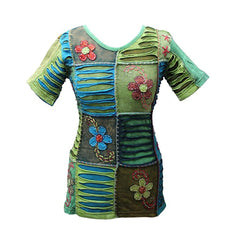 Women's Blue Flower Embroidered Short Sleeve Top
