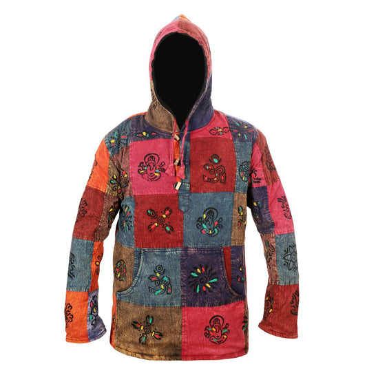 Men's Sun Symbol Patchwork Hooded Shirt