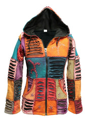 Our lightweight, comfortable and 100% cotton & fleece jackets are the perfect addition to your wardrobe. This pixie hooded jacket is hip length and zips up with two side pockets. These jackets feature floral embroidery with sections of razor cut patches. They feature a full front zip with long pointed hood, drawstring at waist and hem and they have two deep front pockets.