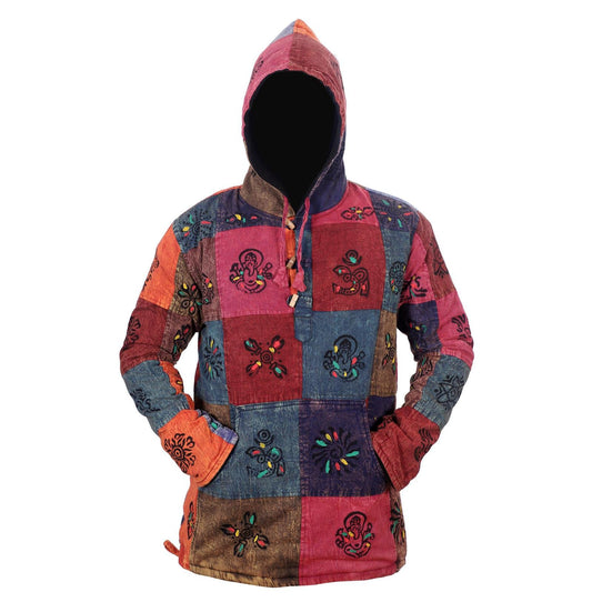 Men's Sun Symbol Patchwork Hooded Shirt