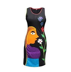 Women's Black Knee Length Sleeveless Lady Flower Dress