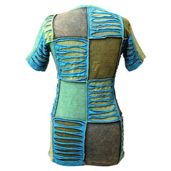 Women Blue Flower Embroidered Short Sleeves Hippy T-Shirt/Top