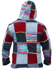 Men Double Knitted Woollen Hippie Hoodie Jacket with Fleece Lining and Vibrant Patchwork