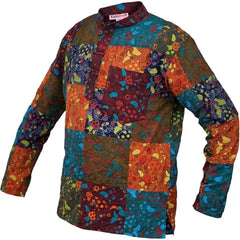 Mens Patchwork Grandad Hippie Shirt Mushroom Print Festival Clothes